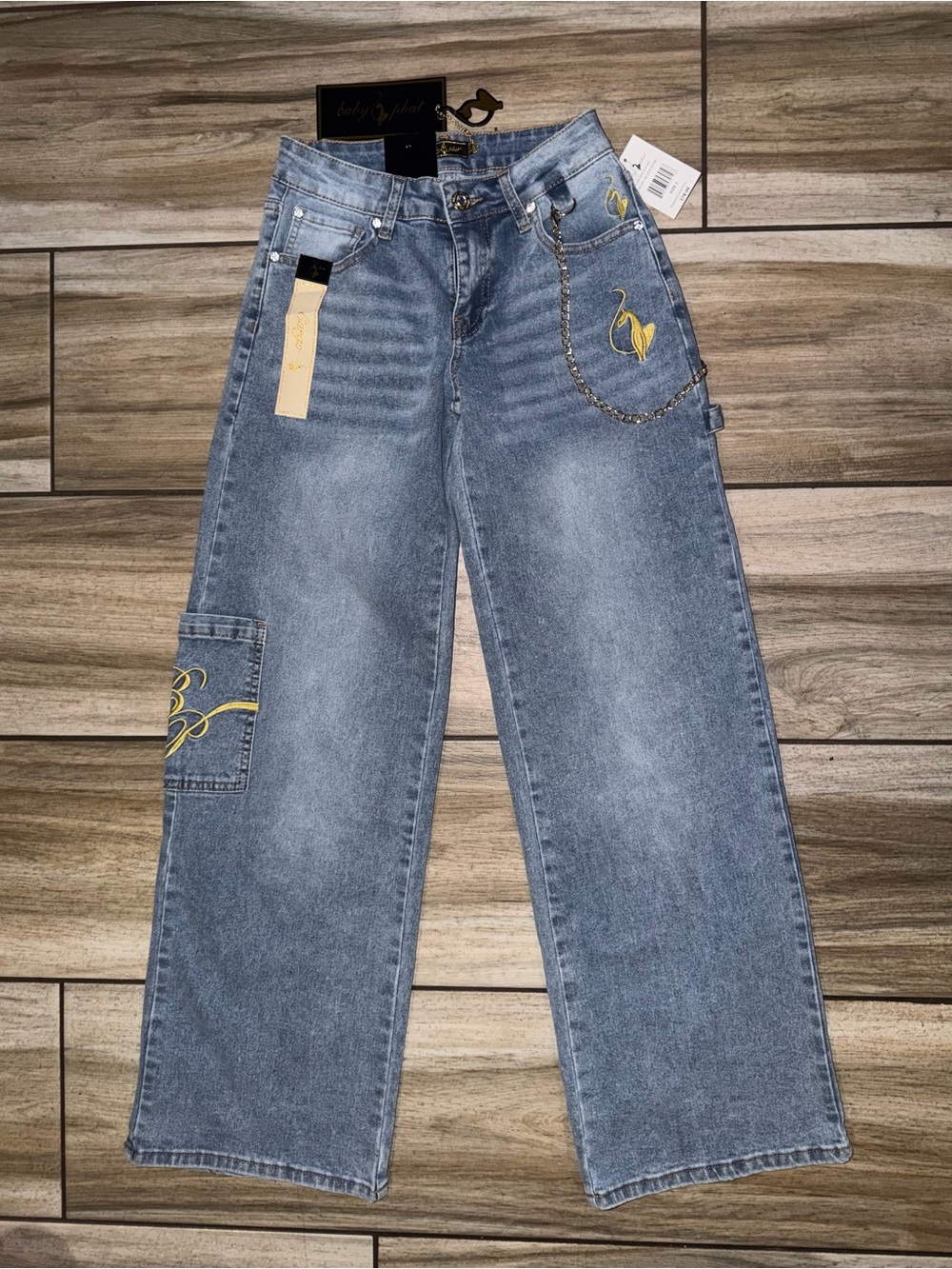 Y2K Baby Phat Embroidered Wide-Leg Jeans with Chain Detail